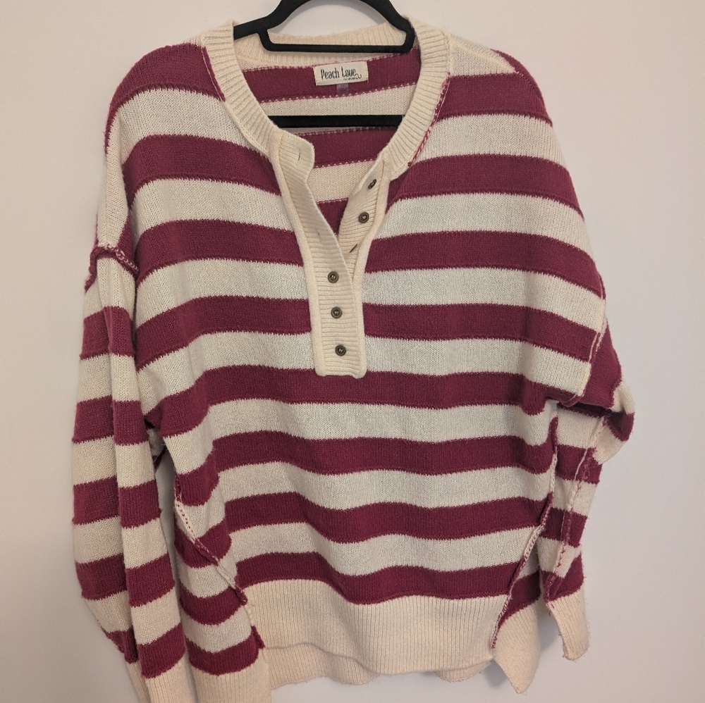 Peach Love California Women's Striped Sweater - Red and Cream